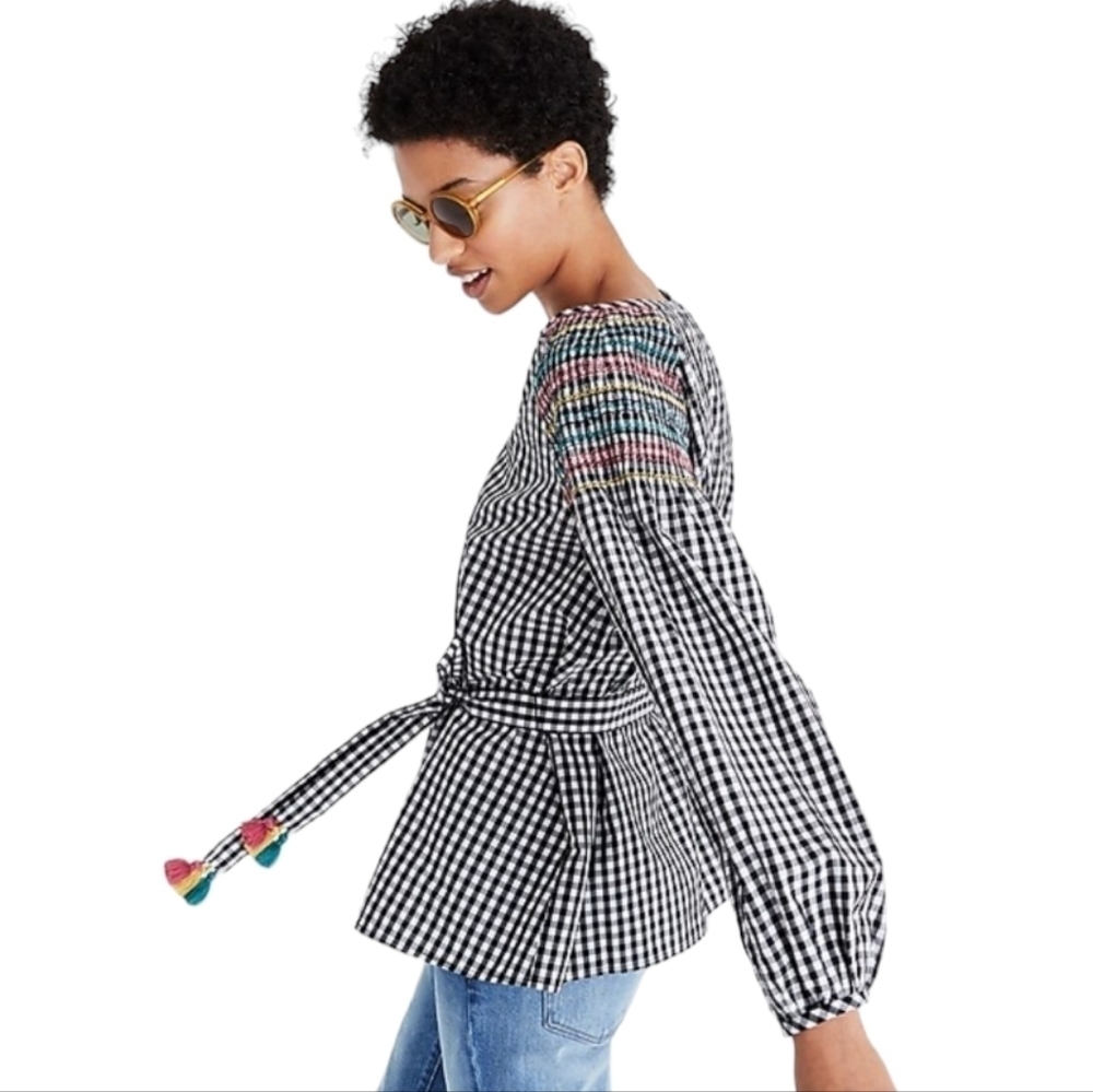 Madewell Black Gingham Blouse Balloon Sleeve w/‎ Tassel Belt  Size XS